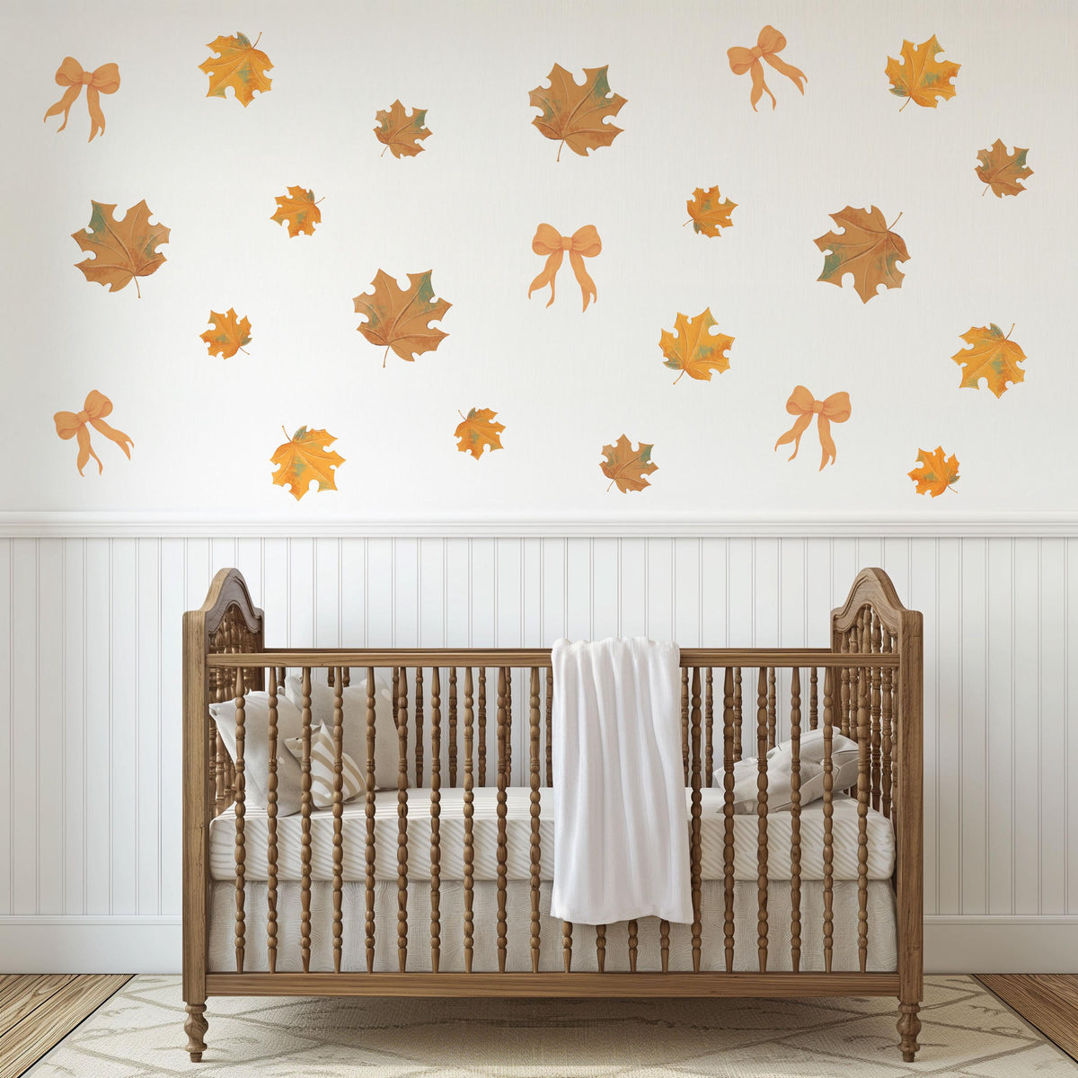 Autumn Leaf Wall Stickers, Fall Leaf Bow Nursery Decor, Maple Leaves Wall Decals, Kids Room Boho Neutral Seasonal Peel and Stick Art