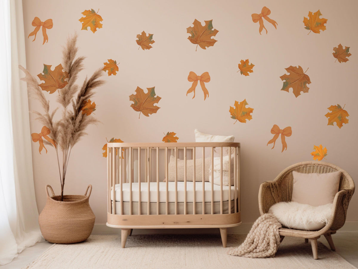 Autumn Leaf Wall Stickers, Fall Leaf Bow Nursery Decor, Maple Leaves Wall Decals, Kids Room Boho Neutral Seasonal Peel and Stick Art