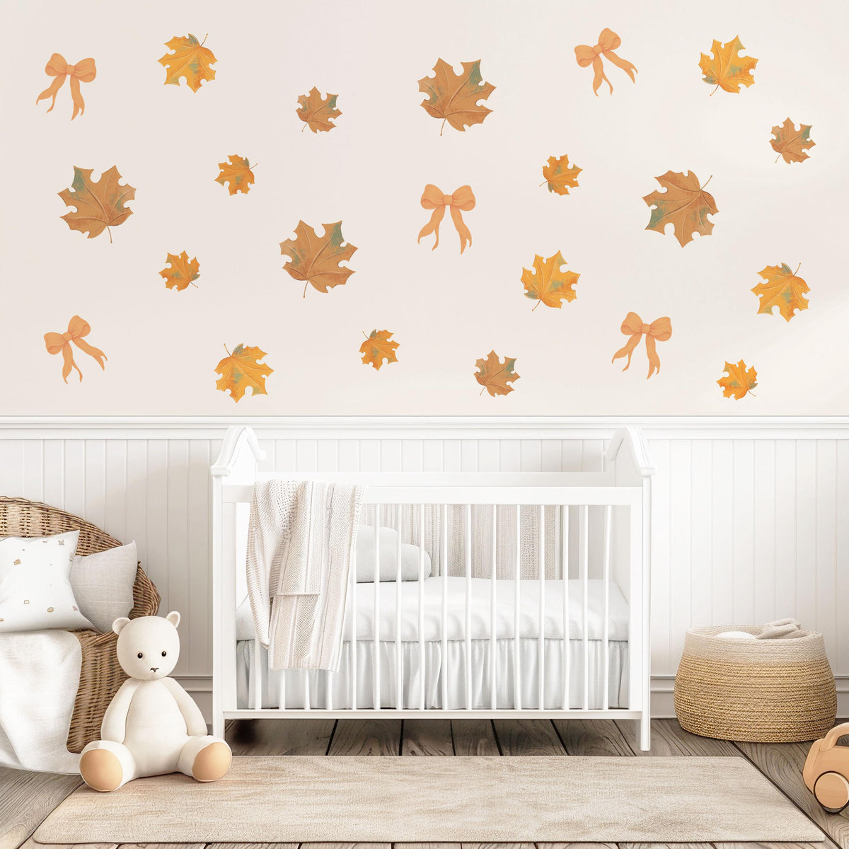 Autumn Leaf Wall Stickers, Fall Leaf Bow Nursery Decor, Maple Leaves Wall Decals, Kids Room Boho Neutral Seasonal Peel and Stick Art
