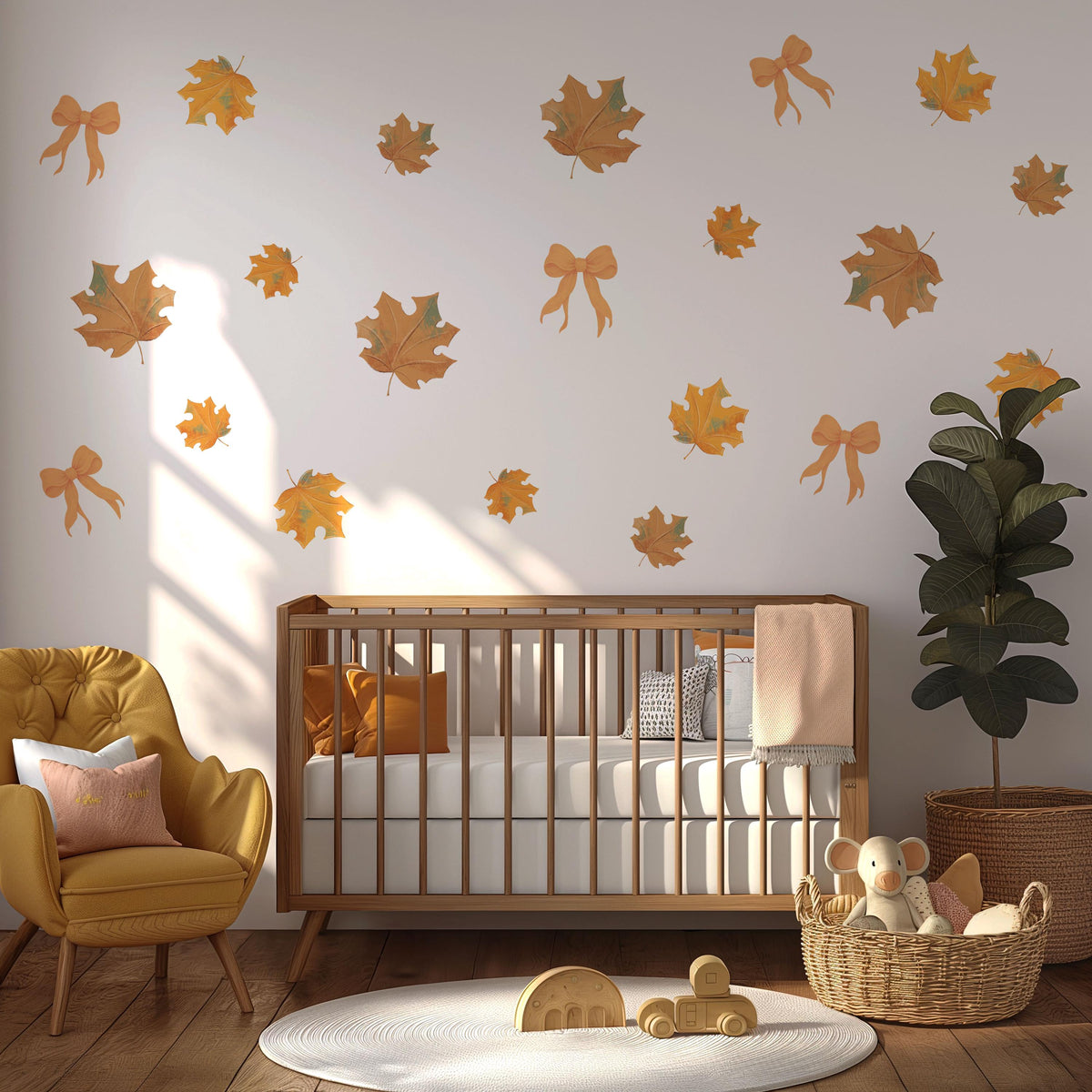 Autumn Leaf Wall Stickers, Fall Leaf Bow Nursery Decor, Maple Leaves Wall Decals, Kids Room Boho Neutral Seasonal Peel and Stick Art