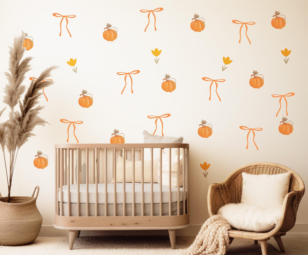 Pumpkin Wall Stickers, Autumn Coquette Nursery Decor, Bow Tulip Pumpkin Wall Decals, Girls Kids Room Baby Seasonal Peel and Stick Art