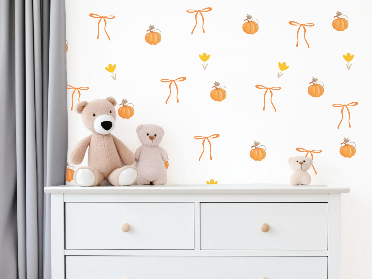 Pumpkin Wall Stickers, Autumn Coquette Nursery Decor, Bow Tulip Pumpkin Wall Decals, Girls Kids Room Baby Seasonal Peel and Stick Art