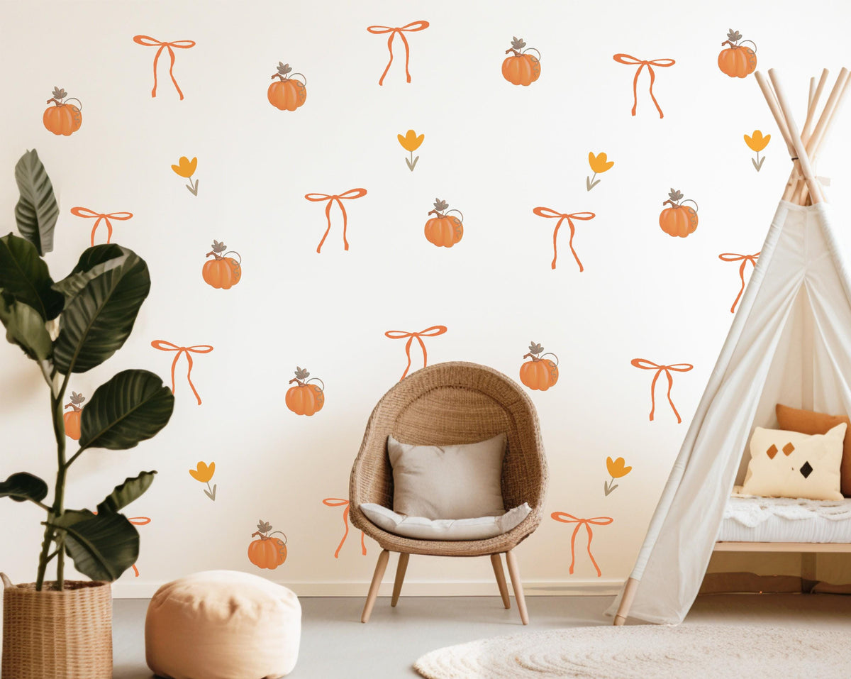 Pumpkin Wall Stickers, Autumn Coquette Nursery Decor, Bow Tulip Pumpkin Wall Decals, Girls Kids Room Baby Seasonal Peel and Stick Art