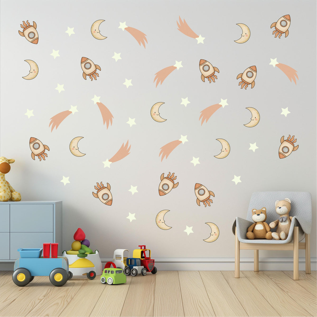Rocket Wall Stickers, Space Nursery Decor, Moon Star Shooting Star Wall Decals, Boys Kids Room Baby Neutral Peel and Stick Wall Art