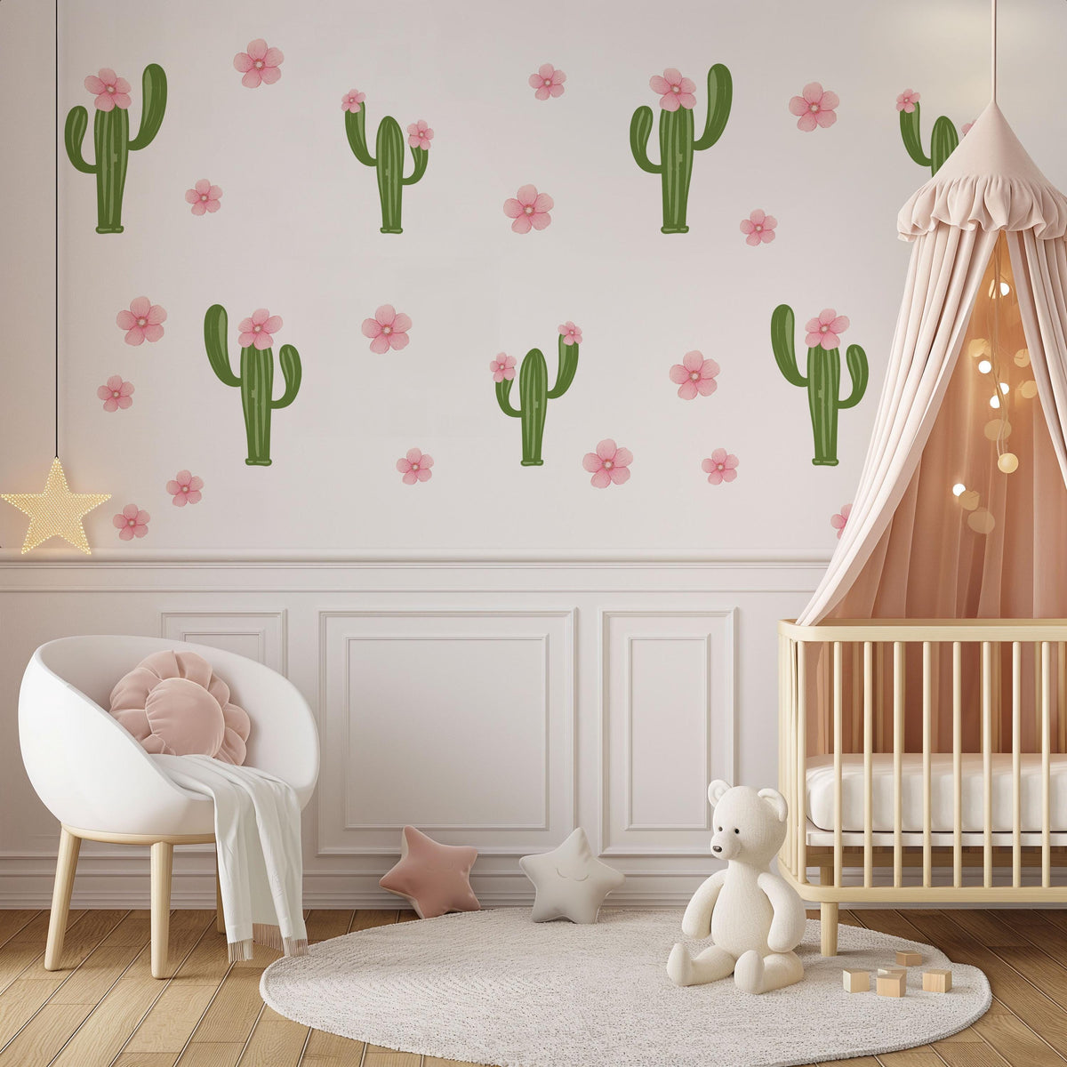 Cactus Wall Stickers, Pink Flower Cactus Nursery Decor, Boho Floral Wall Decals, Girls Kids Room Baby Desert Peel and Stick Wall Art