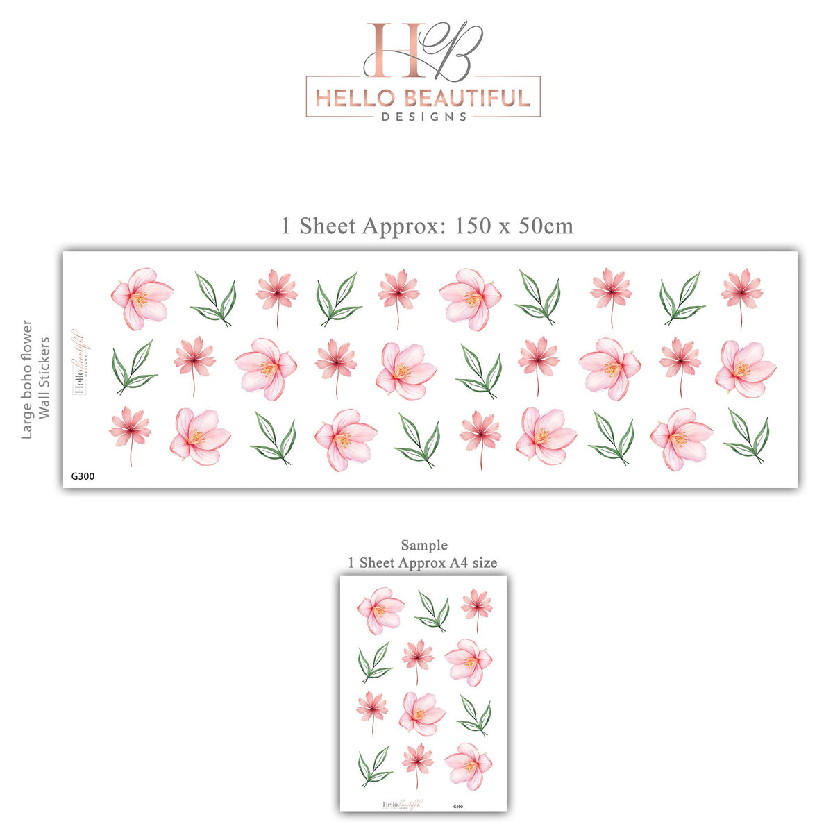 Pink Flower Wall Stickers, Watercolour Floral Nursery Decor, Blossom Leaf Wall Decals, Girls Kids Room Baby Peel and Stick Wall Art
