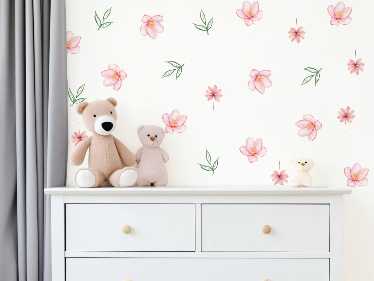 Pink Flower Wall Stickers, Watercolour Floral Nursery Decor, Blossom Leaf Wall Decals, Girls Kids Room Baby Peel and Stick Wall Art