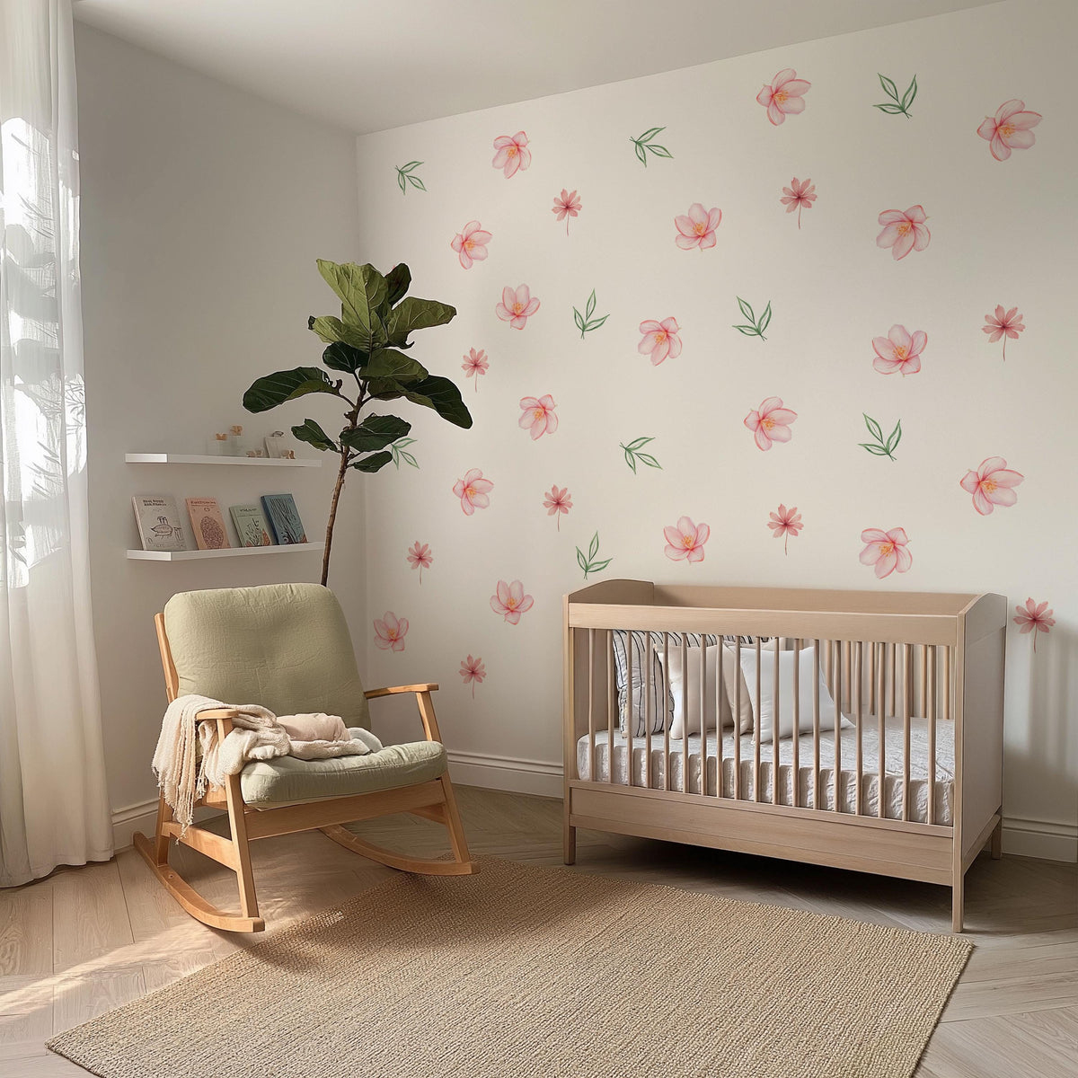 Pink Flower Wall Stickers, Watercolour Floral Nursery Decor, Blossom Leaf Wall Decals, Girls Kids Room Baby Peel and Stick Wall Art