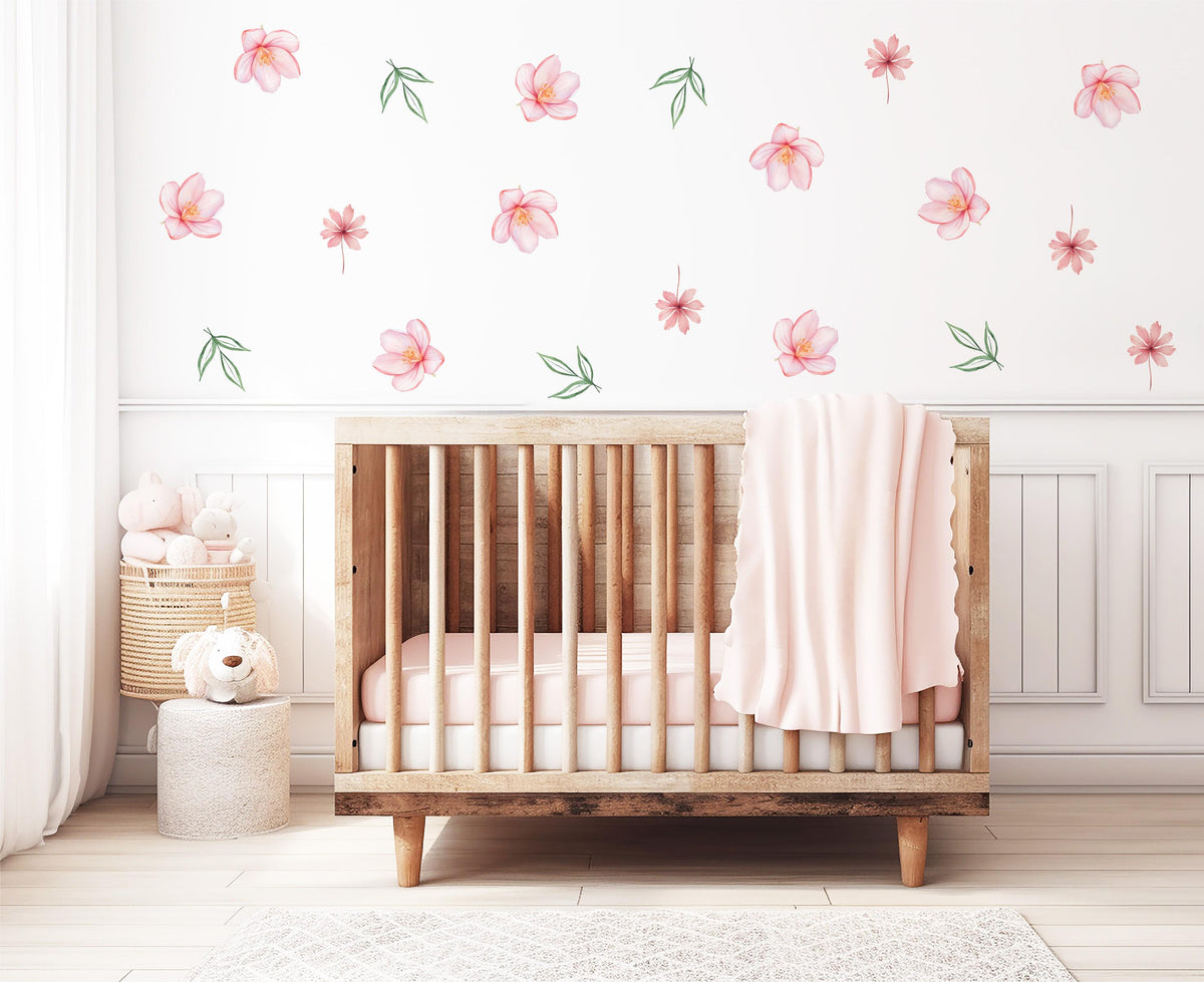 Pink Flower Wall Stickers, Watercolour Floral Nursery Decor, Blossom Leaf Wall Decals, Girls Kids Room Baby Peel and Stick Wall Art