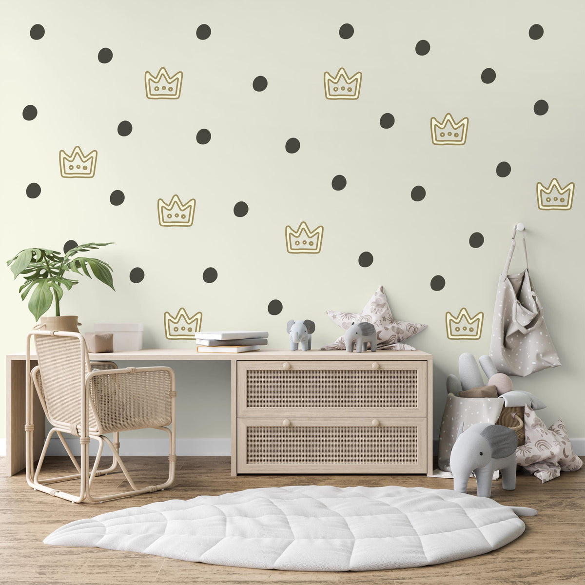 Crown Wall Stickers, Gold Crown Polka Dot Nursery Decor, Prince Princess Wall Decals, Kids Room Baby Neutral Peel and Stick Wall Art