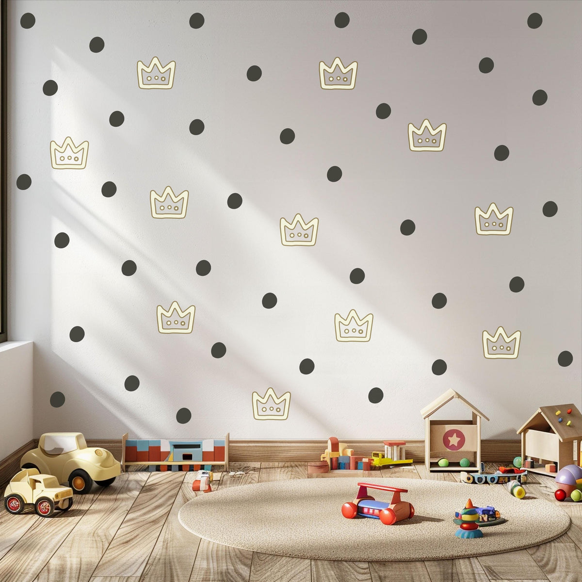 Crown Wall Stickers, Gold Crown Polka Dot Nursery Decor, Prince Princess Wall Decals, Kids Room Baby Neutral Peel and Stick Wall Art
