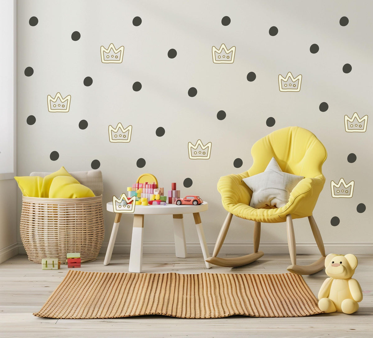 Crown Wall Stickers, Gold Crown Polka Dot Nursery Decor, Prince Princess Wall Decals, Kids Room Baby Neutral Peel and Stick Wall Art