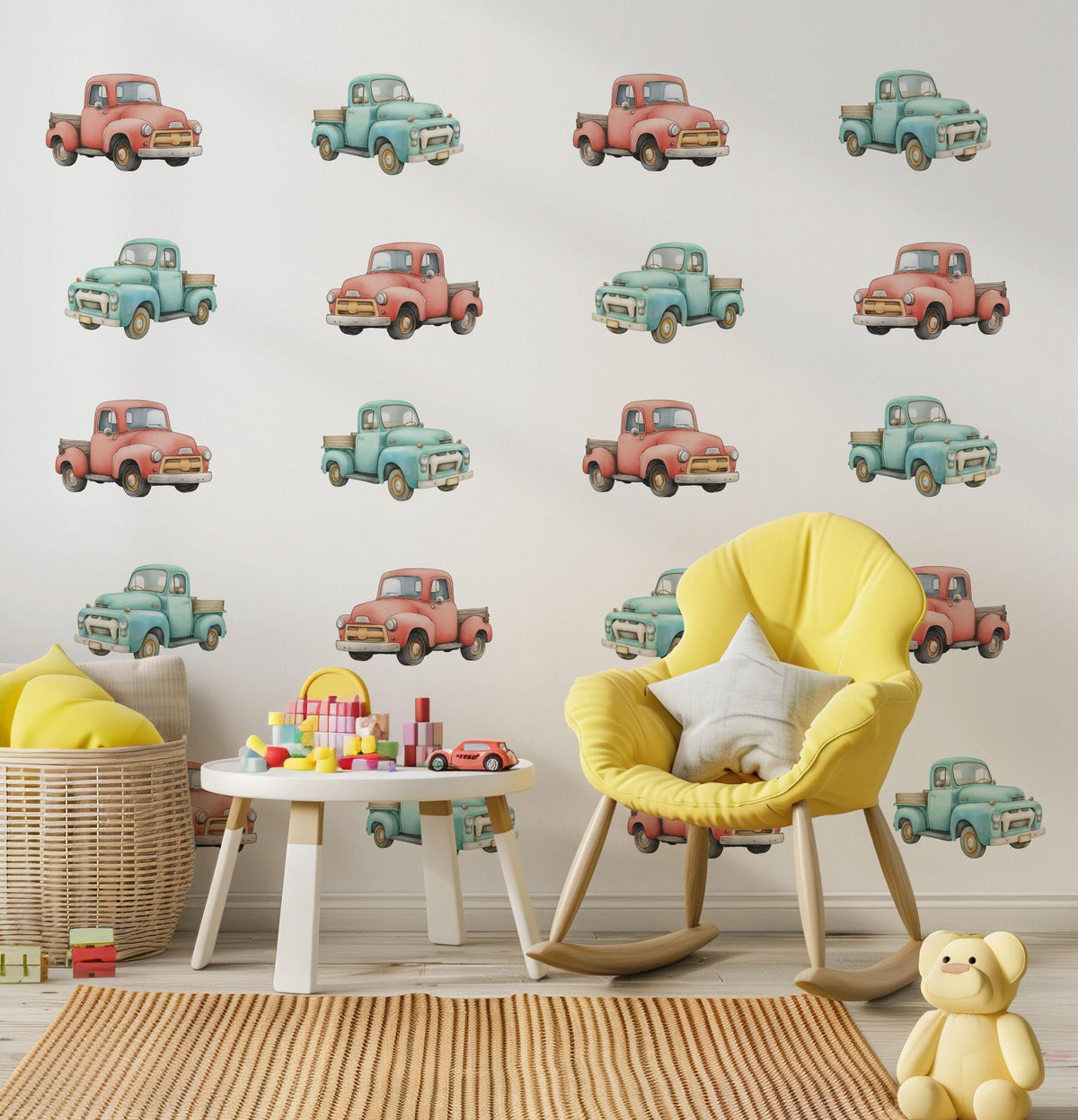 Truck Wall Stickers, Vintage Truck Nursery Decor, Retro Pickup Wall Decals, Boys Kids Room Baby Transport Peel and Stick Wall Art