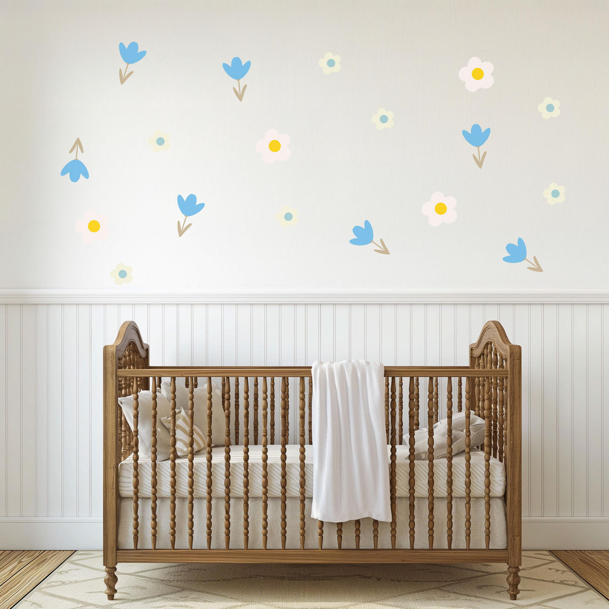 Flower Wall Stickers, Boho Floral Nursery Decor, Blue Tulip Daisy Wall Decals, Scandi Kids Room Baby Neutral Peel and Stick Wall Art