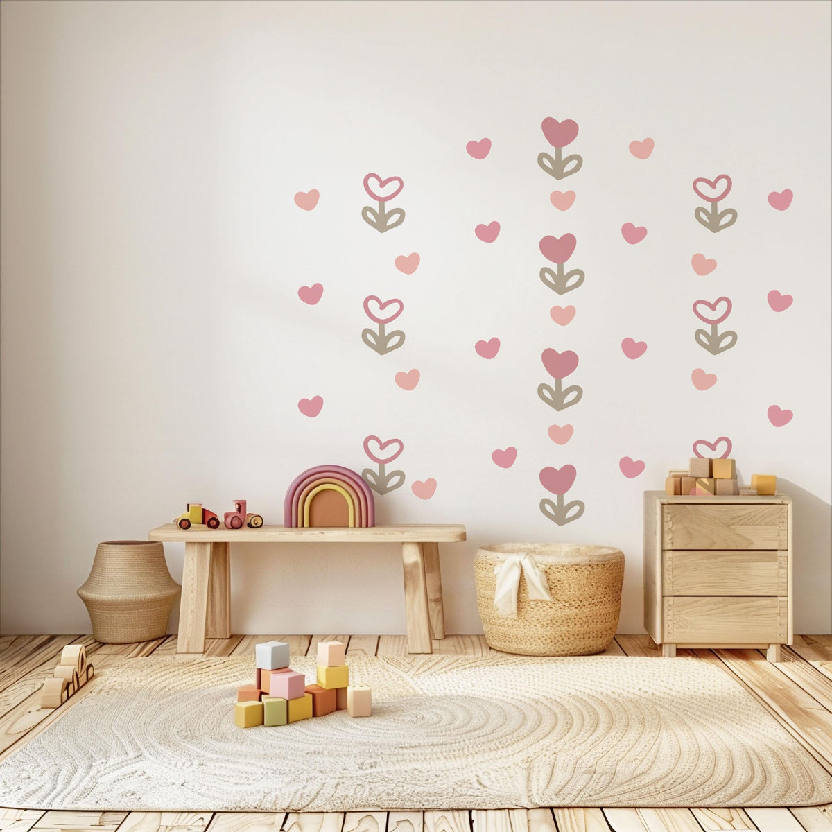 Pink Flower Wall Stickers, Boho Heart Tulip Nursery Decor, Floral Heart Wall Decals, Girls Room Baby Girl Peel and Stick Wall Art