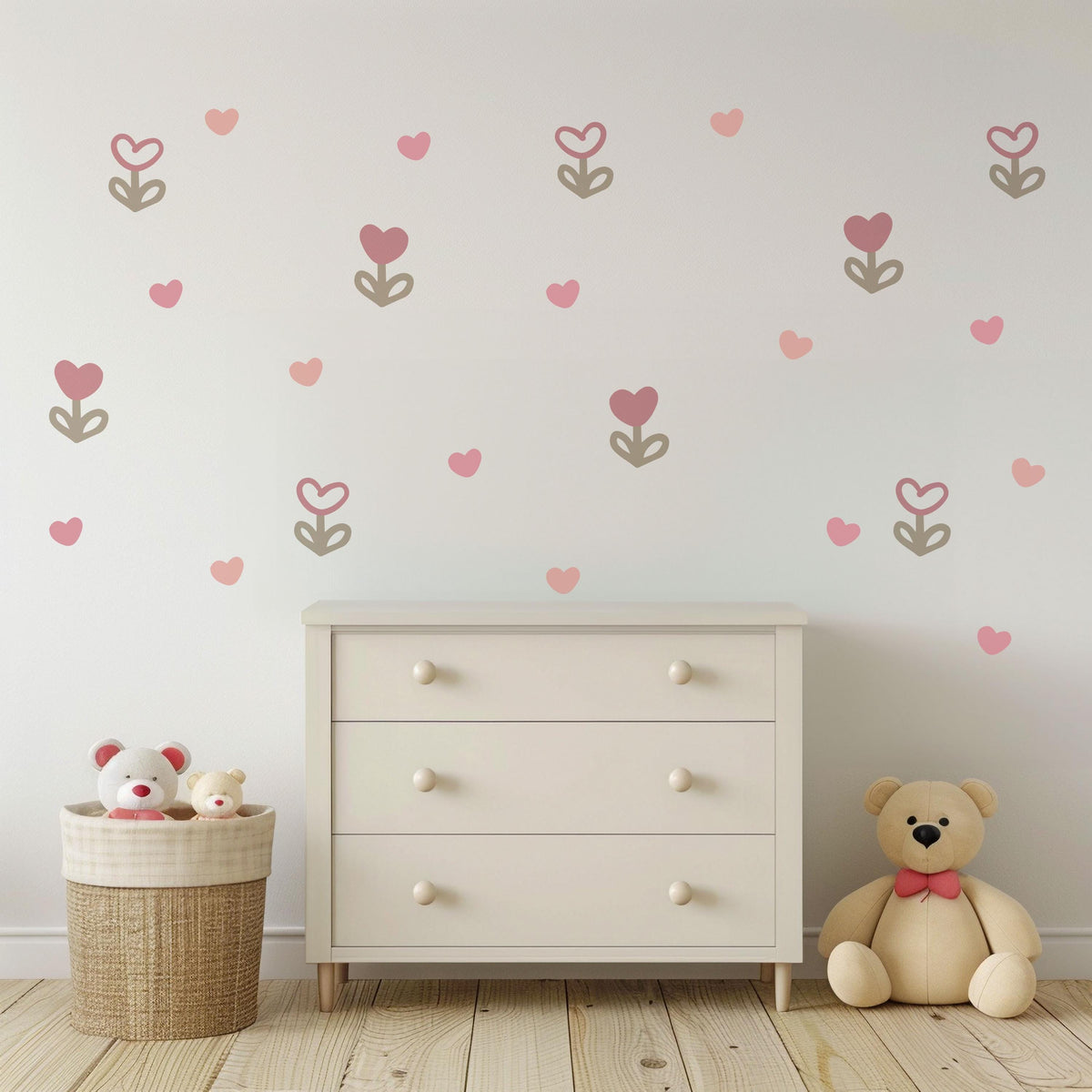 Pink Flower Wall Stickers, Boho Heart Tulip Nursery Decor, Floral Heart Wall Decals, Girls Room Baby Girl Peel and Stick Wall Art