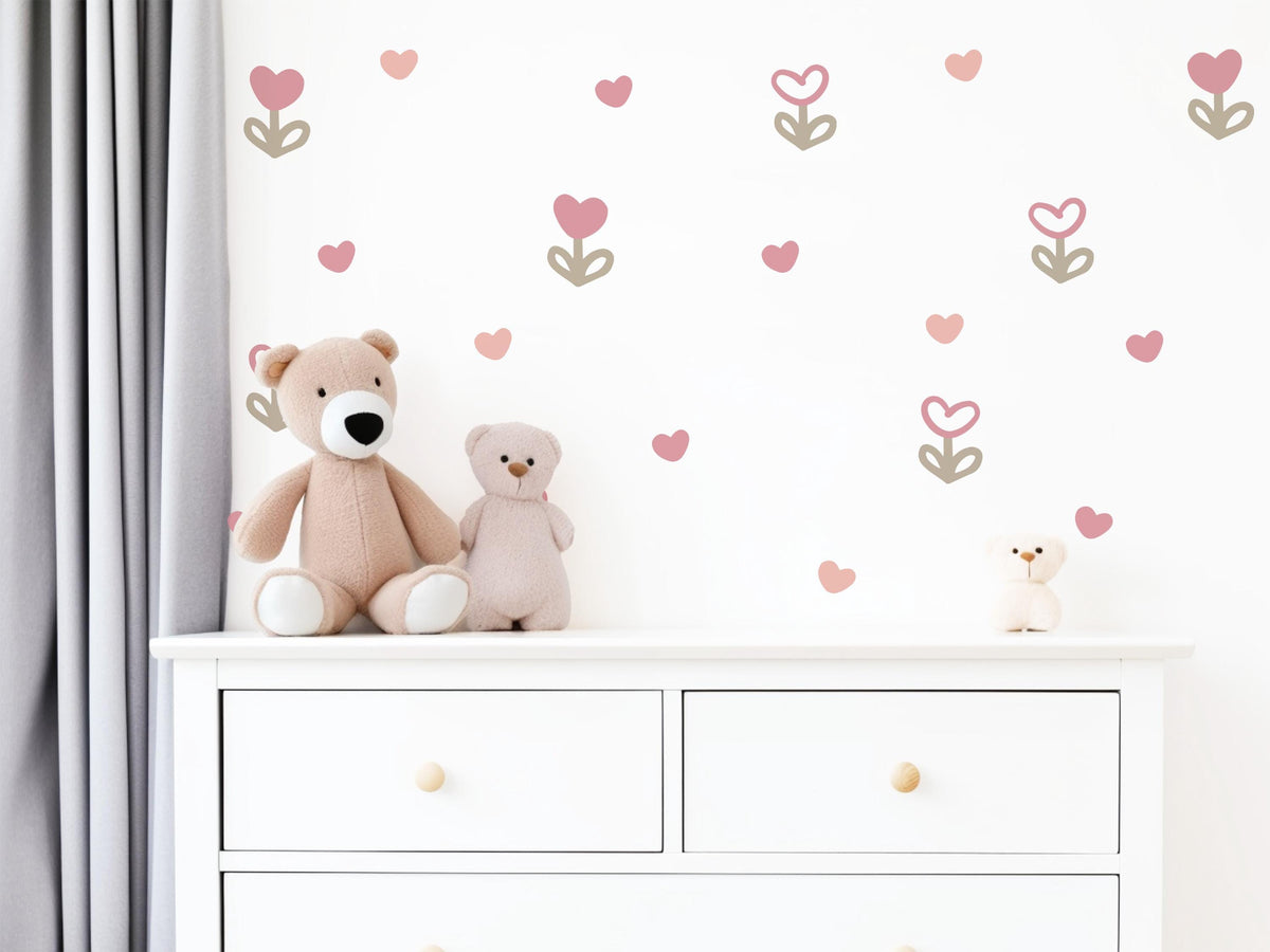 Pink Flower Wall Stickers, Boho Heart Tulip Nursery Decor, Floral Heart Wall Decals, Girls Room Baby Girl Peel and Stick Wall Art
