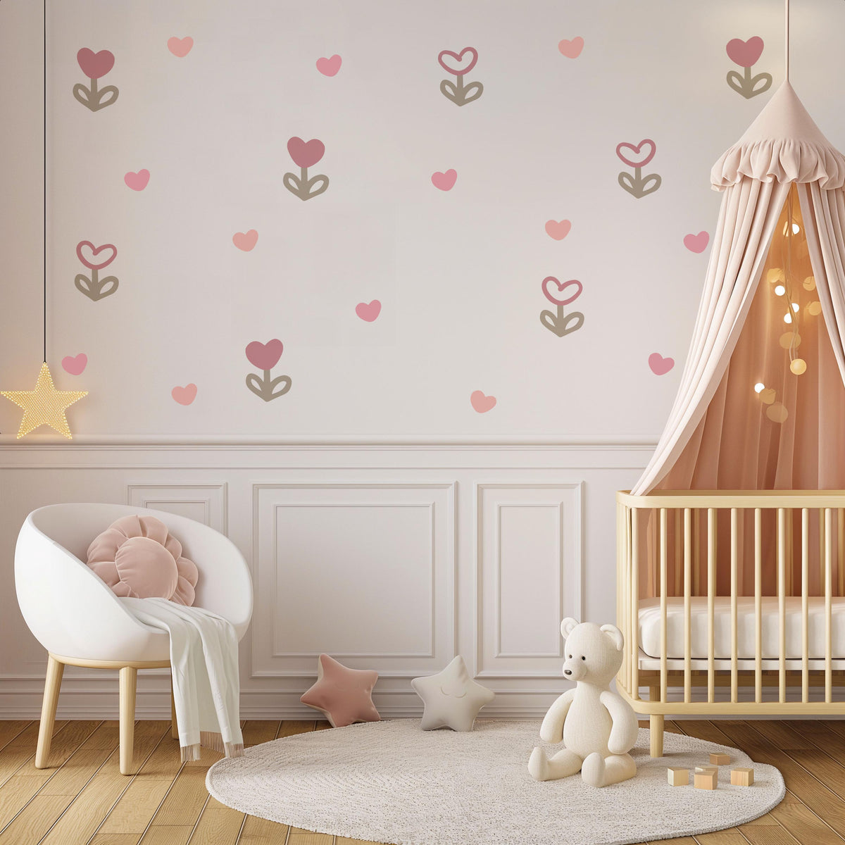 Pink Flower Wall Stickers, Boho Heart Tulip Nursery Decor, Floral Heart Wall Decals, Girls Room Baby Girl Peel and Stick Wall Art