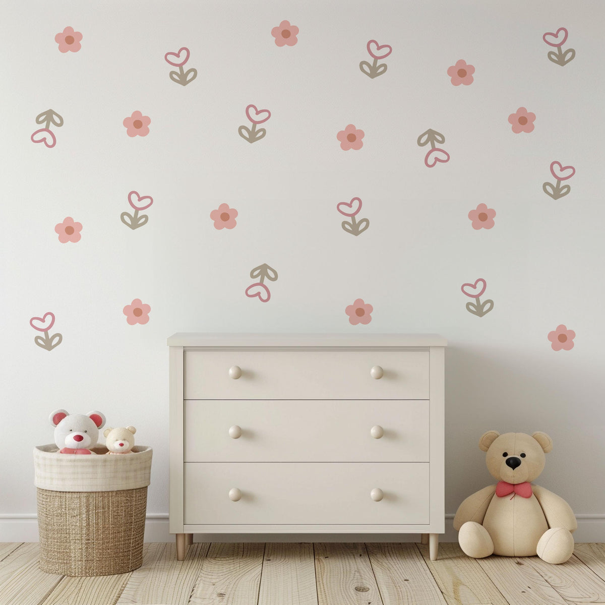 Boho Flower Wall Stickers, Pink Daisy Nursery Decor, Floral Tulip Wall Decals, Girls Room Baby Girl Nursery Peel and Stick Wall Art