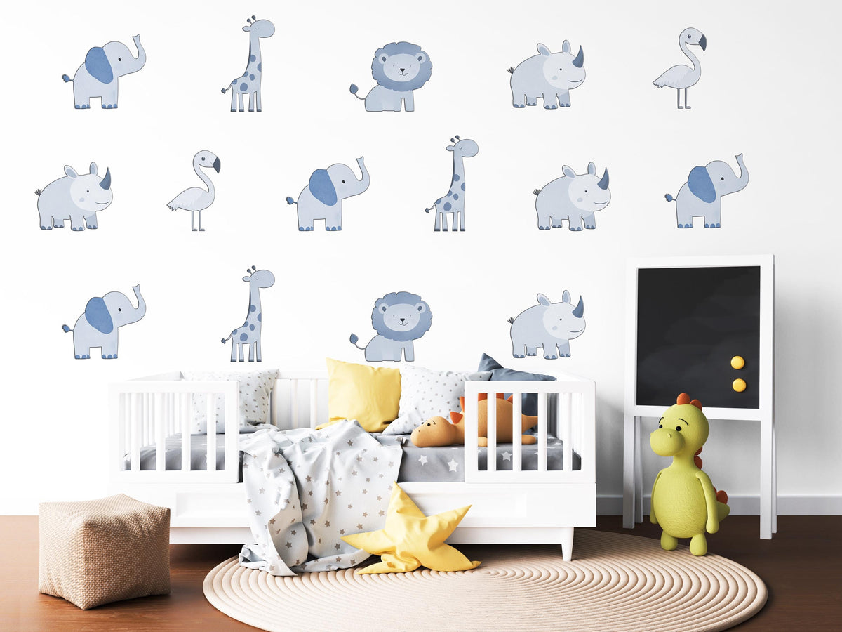 Safari Wall Stickers, Safari Nursery Decor, Blue Grey Jungle Animal Wall Decals, Baby Boy Kids Room Lion Elephant Peel and Stick Art