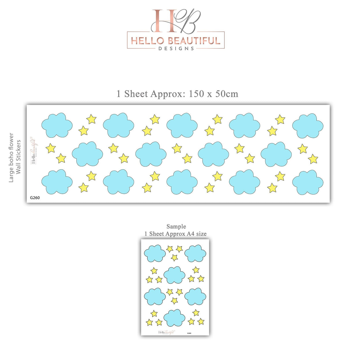 Blue Cloud and Yellow Star Wall Stickers, Baby Boy Nursery Decor, Sky Wall Decals, Ceiling Stickers, Peel and Stick