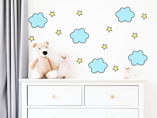 Blue Cloud and Yellow Star Wall Stickers, Baby Boy Nursery Decor, Sky Wall Decals, Ceiling Stickers, Peel and Stick