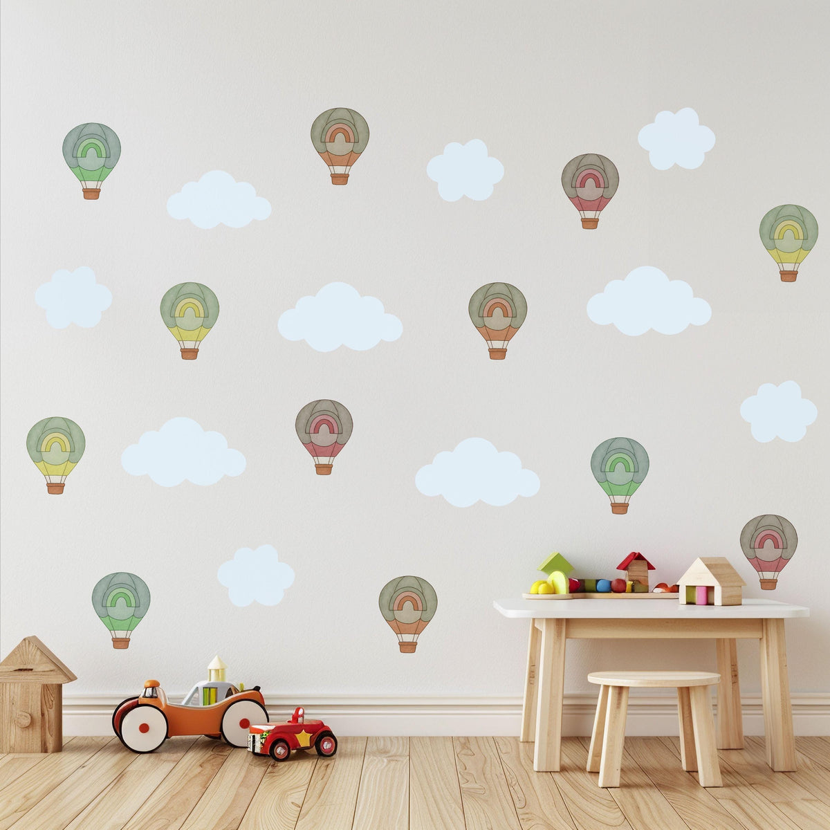 Hot Air Balloon Wall Stickers, Cloud and Rainbow Nursery Decor, Boho Balloon Wall Decals, Kids Room, Peel and Stick