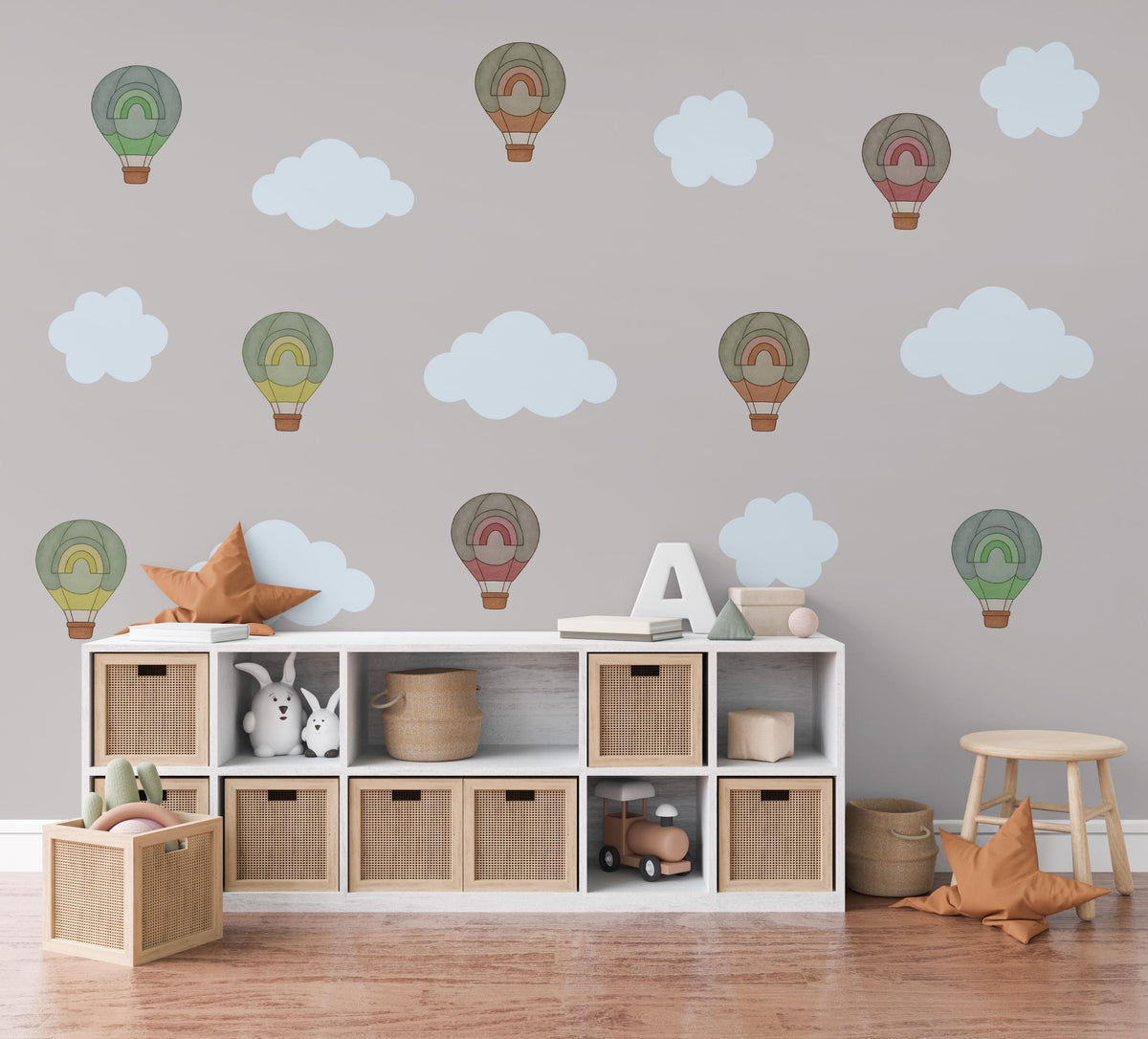 Hot Air Balloon Wall Stickers, Cloud and Rainbow Nursery Decor, Boho Balloon Wall Decals, Kids Room, Peel and Stick