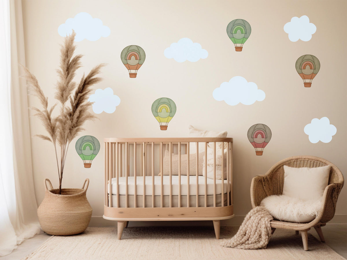 Hot Air Balloon Wall Stickers, Cloud and Rainbow Nursery Decor, Boho Balloon Wall Decals, Kids Room, Peel and Stick