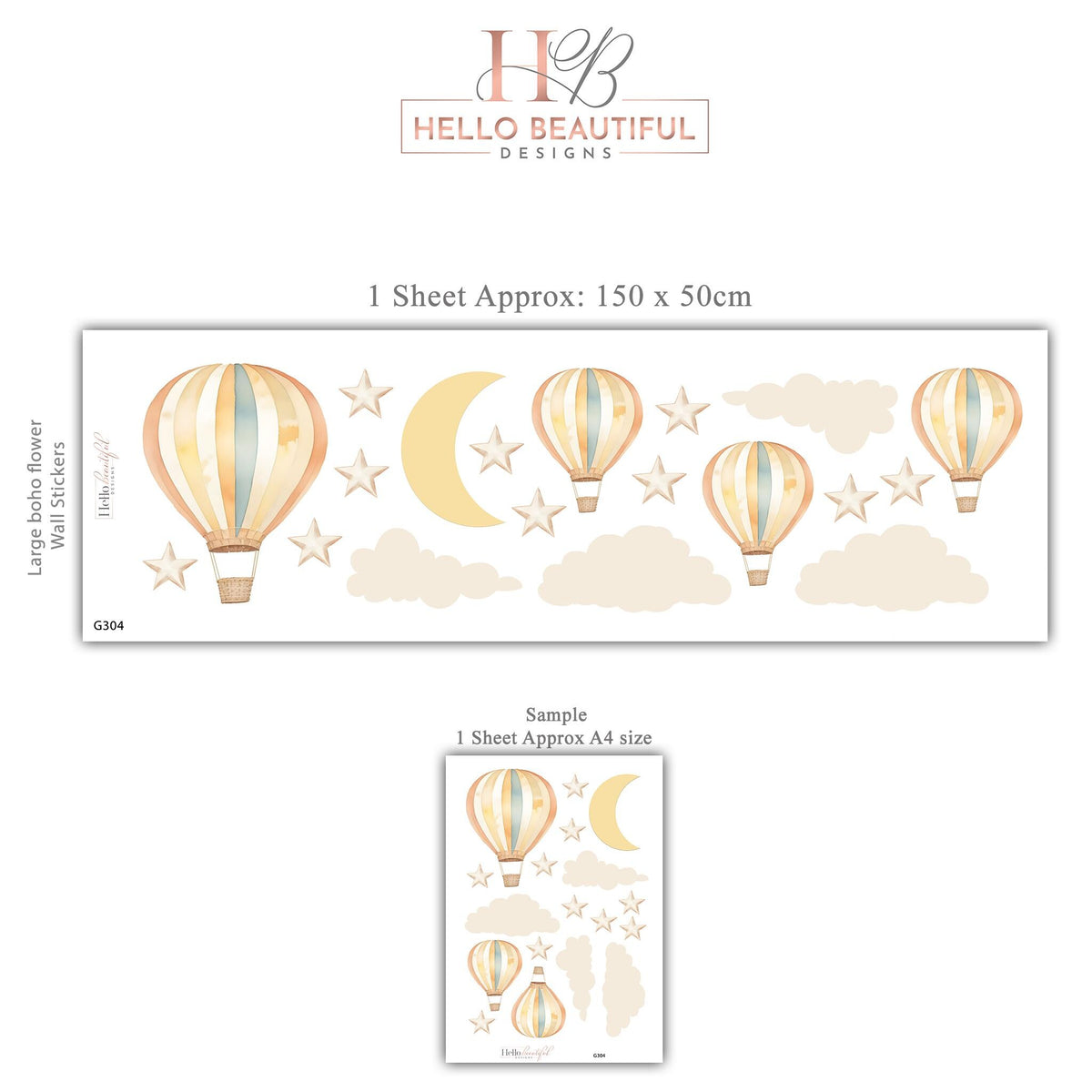 Hot Air Balloon Wall Stickers, Moon Star Cloud Nursery Decor, Dreamy Sky Wall Decals, Gender Neutral Kids Room Peel and Stick Art
