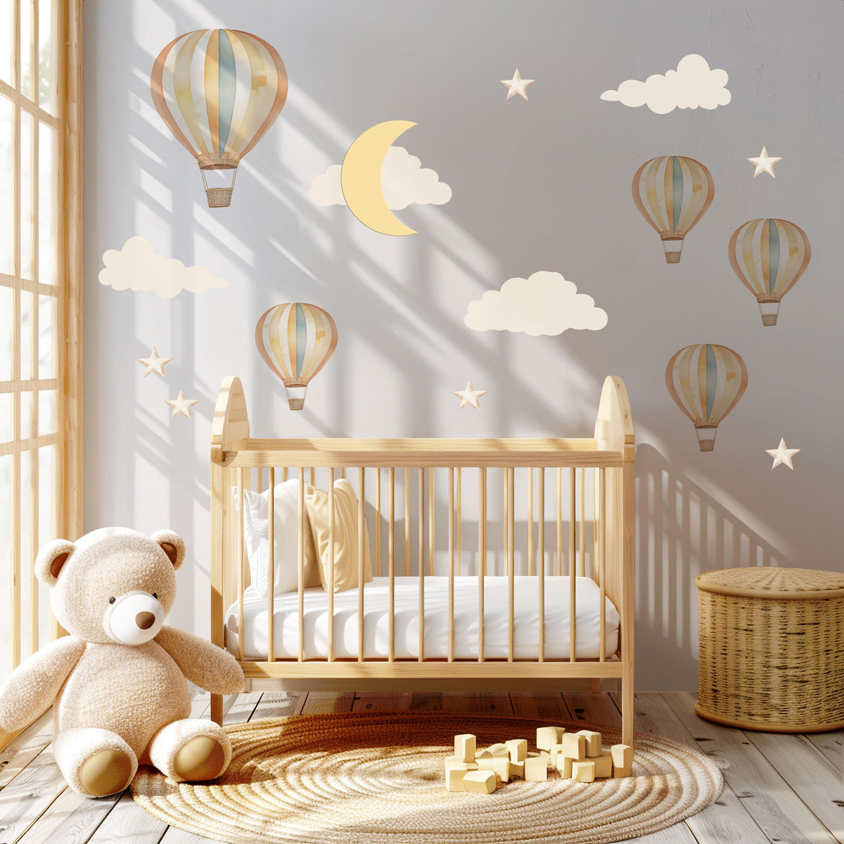 Hot Air Balloon Wall Stickers, Moon Star Cloud Nursery Decor, Dreamy Sky Wall Decals, Gender Neutral Kids Room Peel and Stick Art