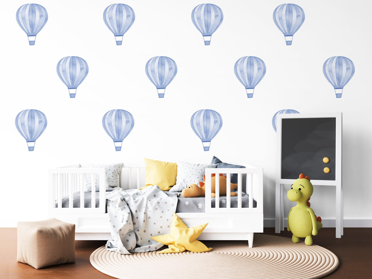Hot Air Balloon Wall Stickers, Blue Balloon Nursery Decor, Watercolour Balloon Wall Decals, Baby Boy Kids Room Peel and Stick Wall Art