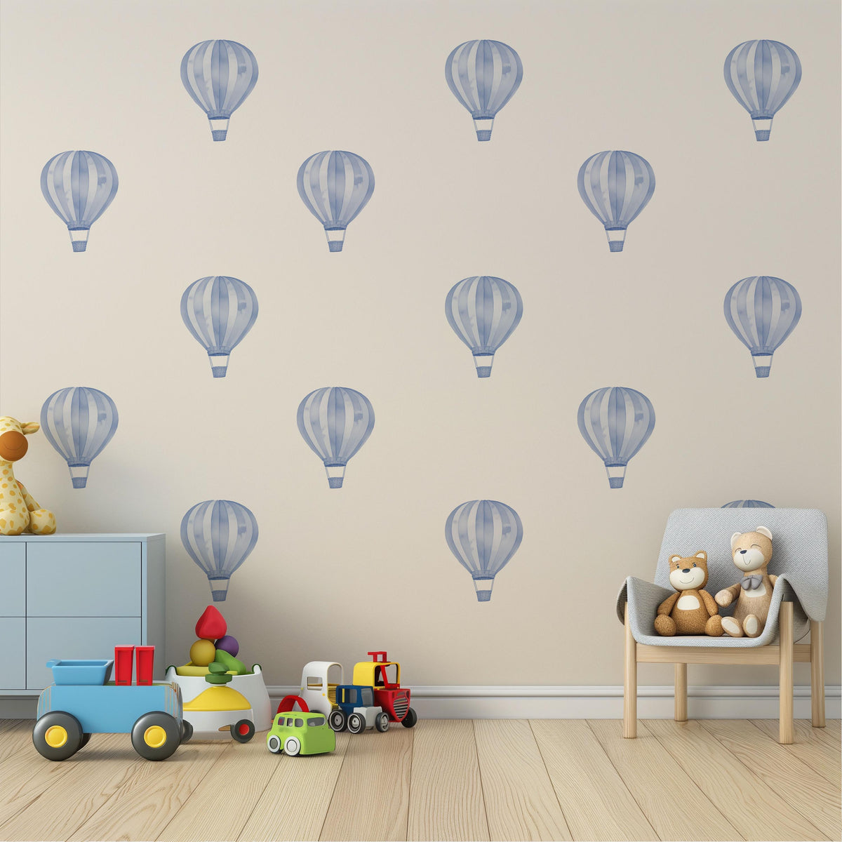 Hot Air Balloon Wall Stickers, Blue Balloon Nursery Decor, Watercolour Balloon Wall Decals, Baby Boy Kids Room Peel and Stick Wall Art
