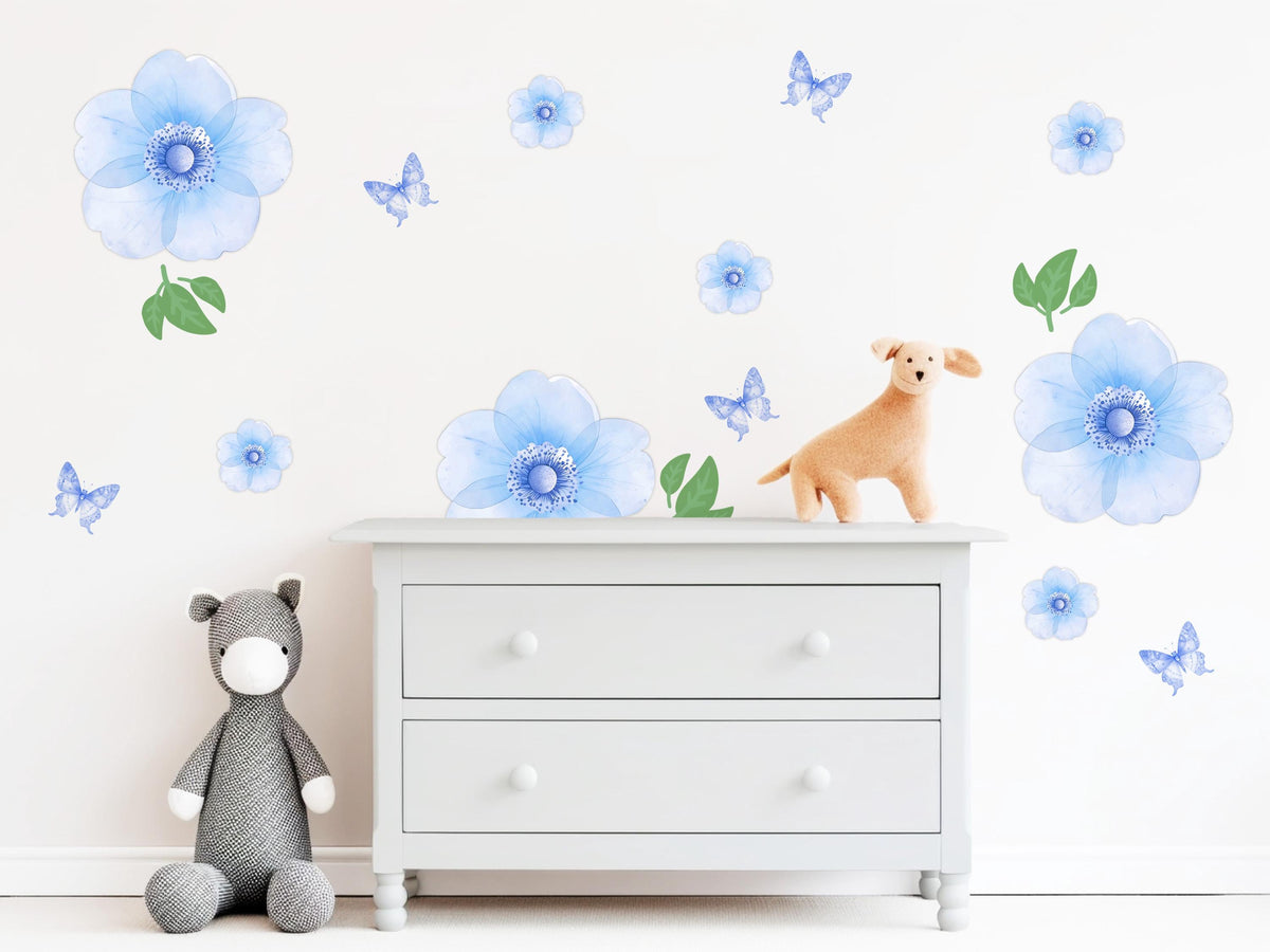 Blue Flower Wall Stickers, Watercolour Floral Nursery Decor, Blue Butterfly Wall Decals, Girls Kids Room Bedroom Peel and Stick Wall Art