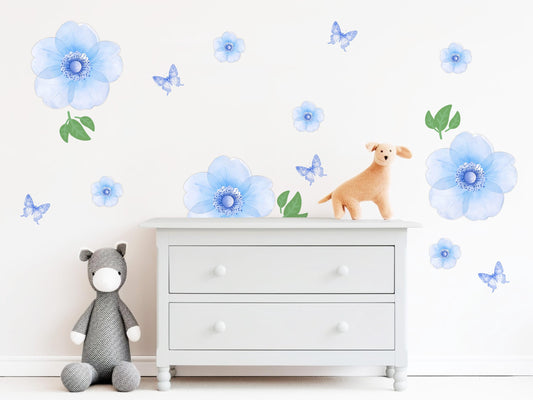 Blue Flower Wall Stickers, Watercolour Floral Nursery Decor, Blue Butterfly Wall Decals, Girls Kids Room Bedroom Peel and Stick Wall Art