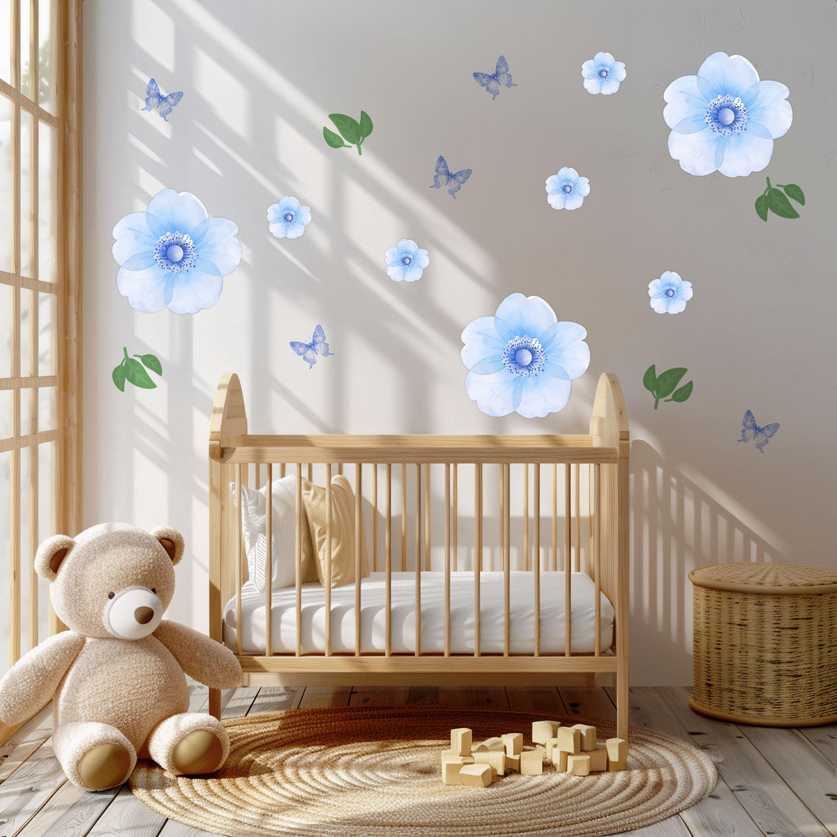 Blue Flower Wall Stickers, Watercolour Floral Nursery Decor, Blue Butterfly Wall Decals, Girls Kids Room Bedroom Peel and Stick Wall Art
