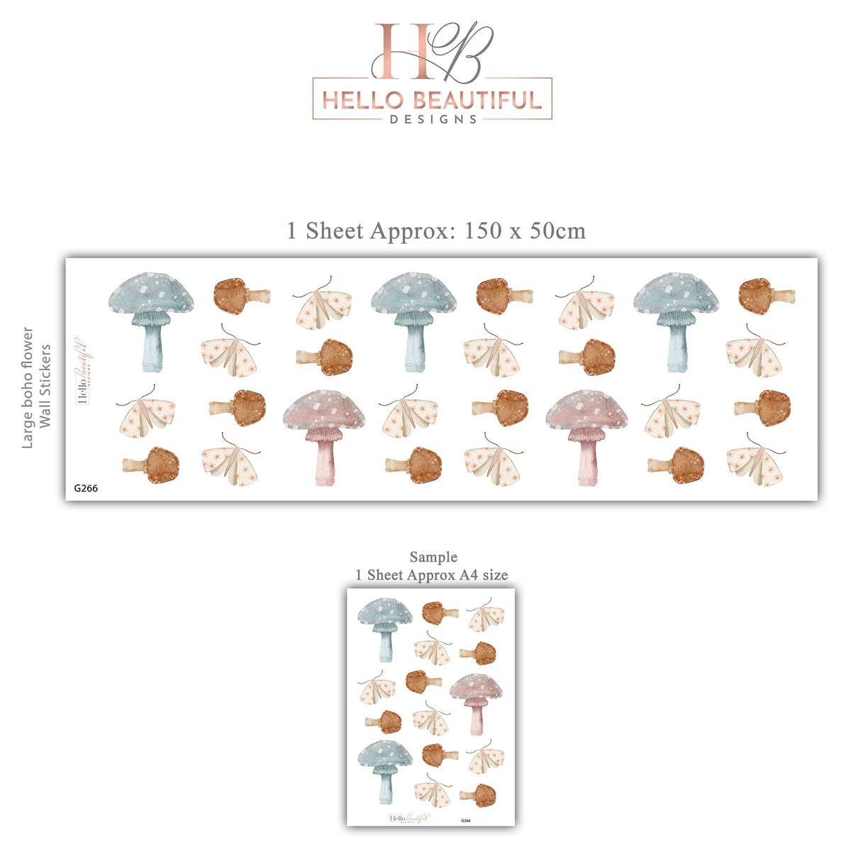 Mushroom Wall Stickers, Boho Woodland Nursery Decor, Muted Mushroom Moth Wall Decals, Kids Room Gender Neutral Baby Peel and Stick Art