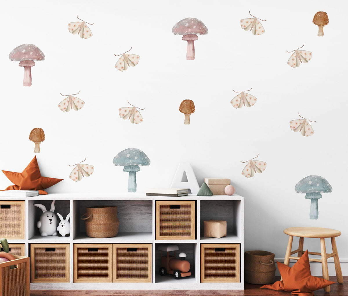 Mushroom Wall Stickers, Boho Woodland Nursery Decor, Muted Mushroom Moth Wall Decals, Kids Room Gender Neutral Baby Peel and Stick Art
