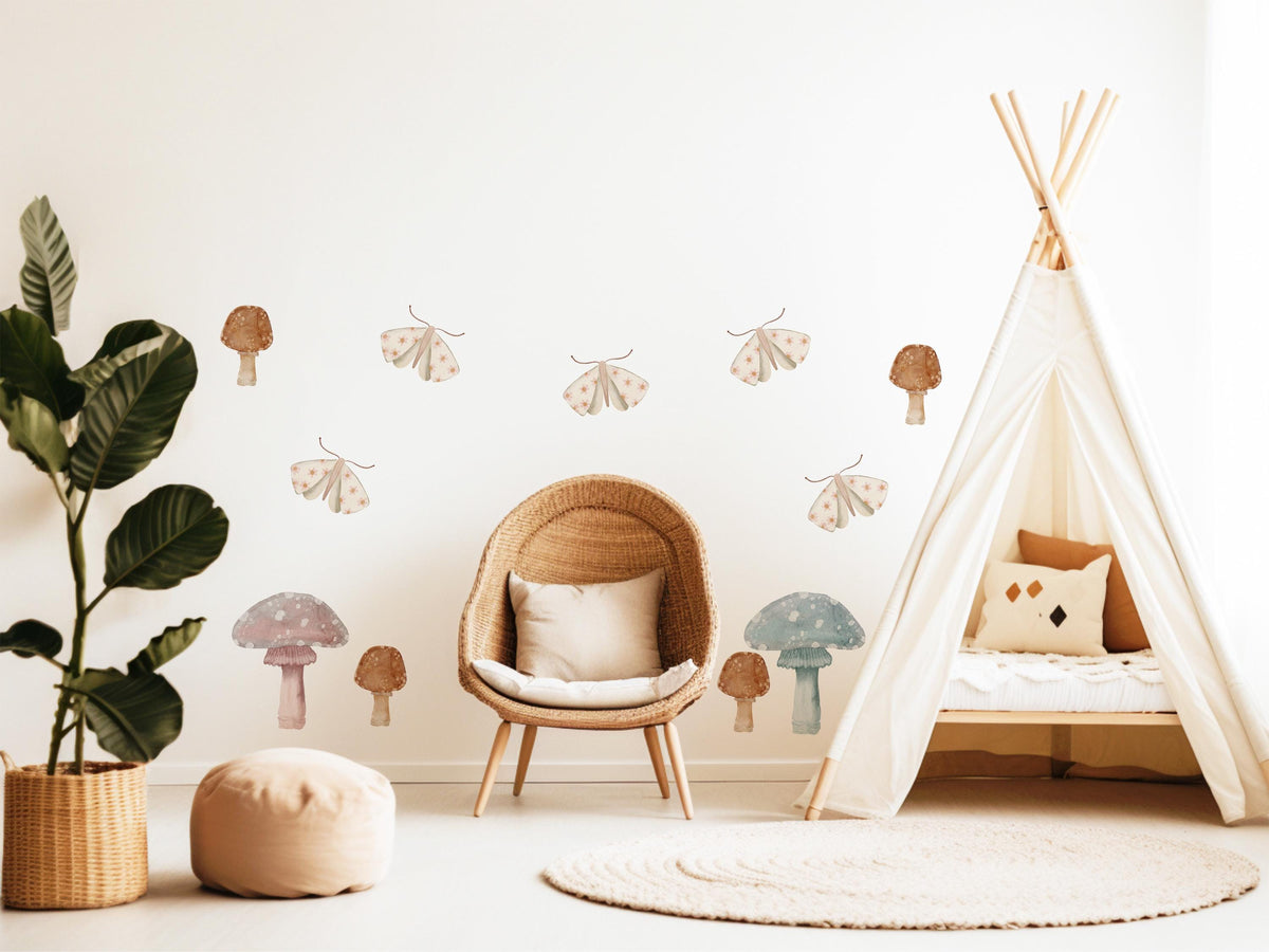 Mushroom Wall Stickers, Boho Woodland Nursery Decor, Muted Mushroom Moth Wall Decals, Kids Room Gender Neutral Baby Peel and Stick Art