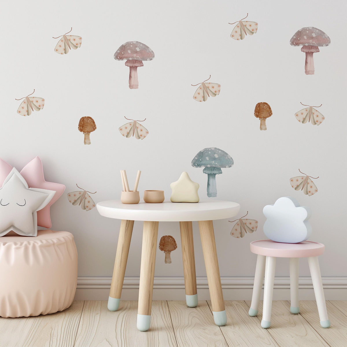 Mushroom Wall Stickers, Boho Woodland Nursery Decor, Muted Mushroom Moth Wall Decals, Kids Room Gender Neutral Baby Peel and Stick Art