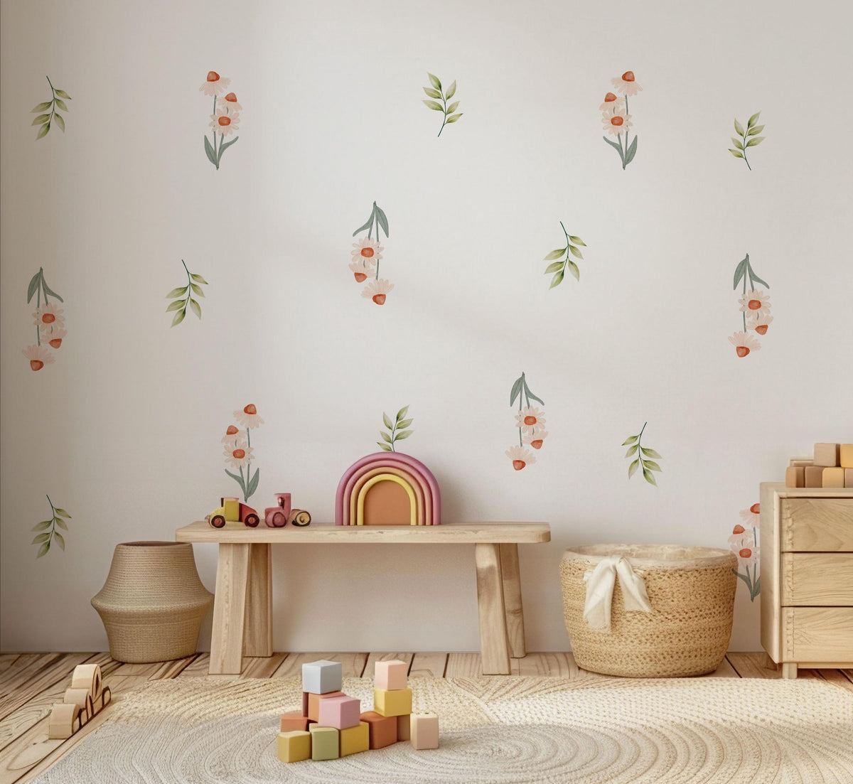 Wildflower Wall Stickers, Daisy Nursery Decor, Boho Floral Leaf Wall Decals, Girls Kids Room Baby Neutral Peel and Stick Wall Art