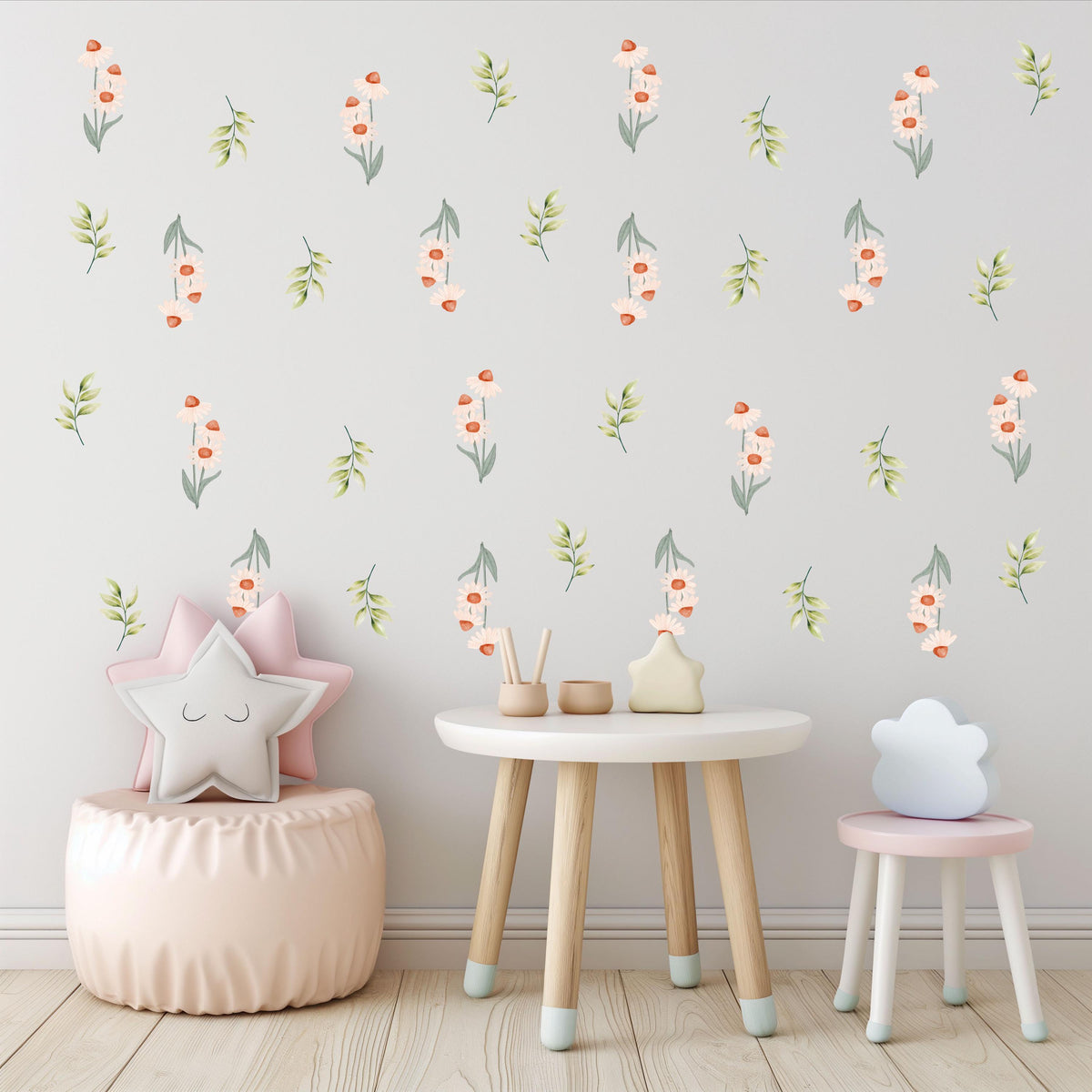 Wildflower Wall Stickers, Daisy Nursery Decor, Boho Floral Leaf Wall Decals, Girls Kids Room Baby Neutral Peel and Stick Wall Art