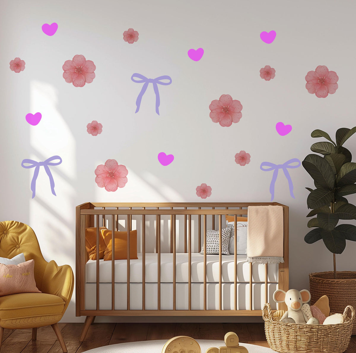 Bow Wall Stickers, Coquette Blossom Heart Nursery Decor, Pink Flower Purple Bow Wall Decals, Girls Room Baby Girl Peel and Stick Art