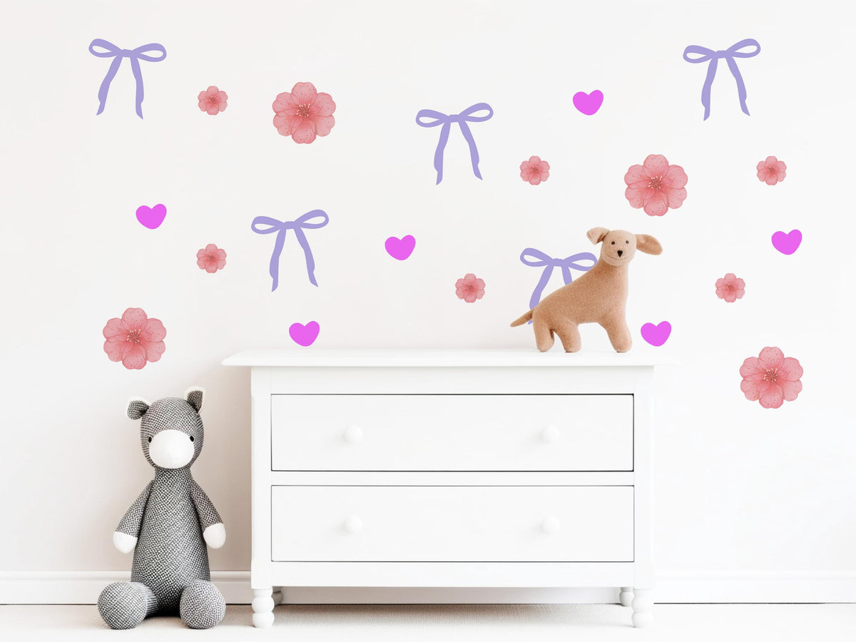 Bow Wall Stickers, Coquette Blossom Heart Nursery Decor, Pink Flower Purple Bow Wall Decals, Girls Room Baby Girl Peel and Stick Art