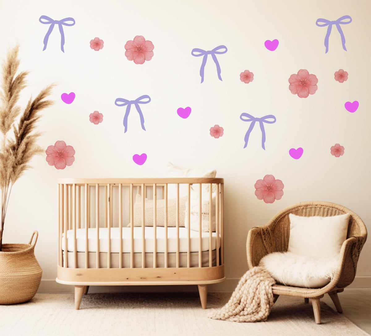 Bow Wall Stickers, Coquette Blossom Heart Nursery Decor, Pink Flower Purple Bow Wall Decals, Girls Room Baby Girl Peel and Stick Art