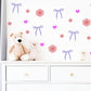 Bow Wall Stickers, Coquette Blossom Heart Nursery Decor, Pink Flower Purple Bow Wall Decals, Girls Room Baby Girl Peel and Stick Art