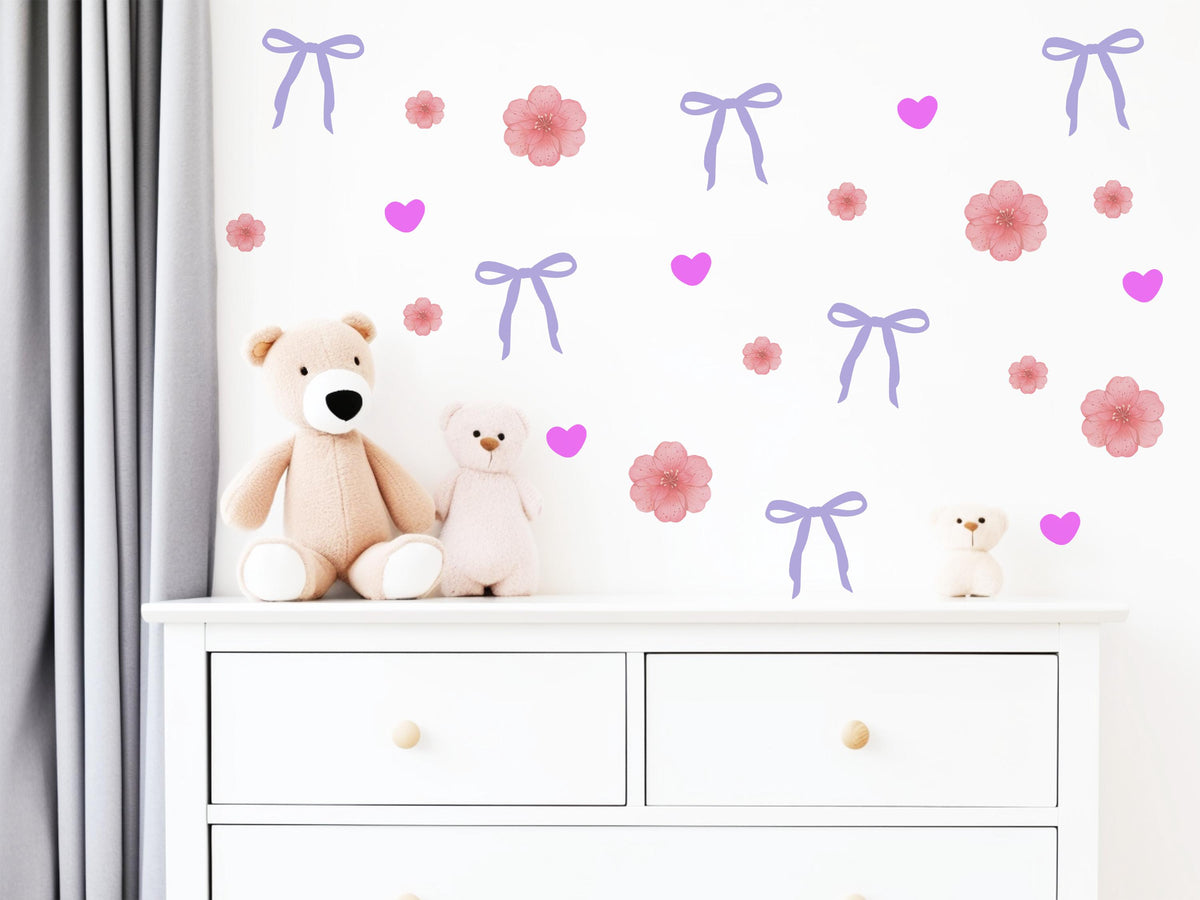 Bow Wall Stickers, Coquette Blossom Heart Nursery Decor, Pink Flower Purple Bow Wall Decals, Girls Room Baby Girl Peel and Stick Art
