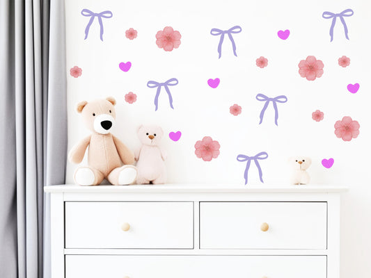 Bow Wall Stickers, Coquette Blossom Heart Nursery Decor, Pink Flower Purple Bow Wall Decals, Girls Room Baby Girl Peel and Stick Art