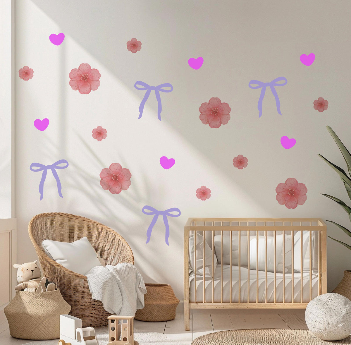 Bow Wall Stickers, Coquette Blossom Heart Nursery Decor, Pink Flower Purple Bow Wall Decals, Girls Room Baby Girl Peel and Stick Art