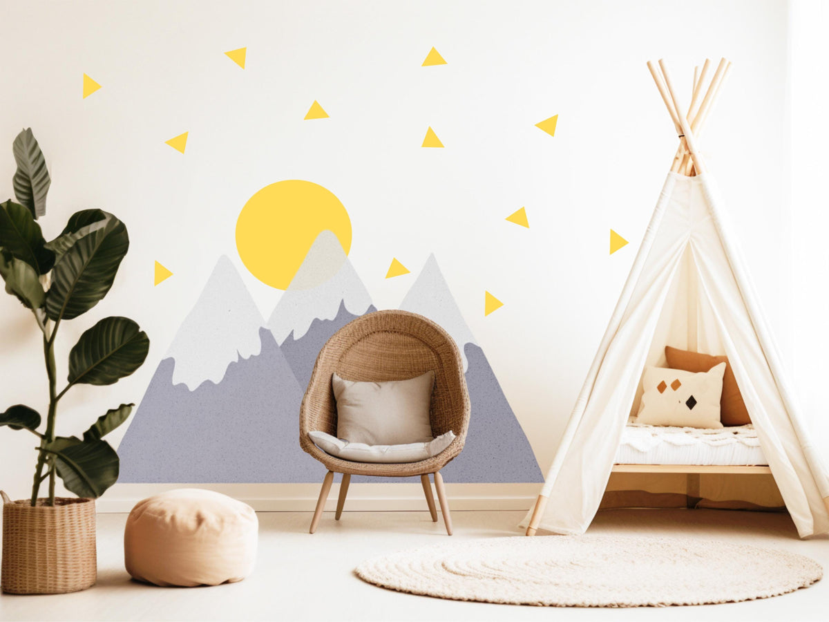Mountain Wall Stickers, Adventure Nursery Decor, Grey Mountain Sun Wall Decals, Scandi Boys Kids Room Baby Peel and Stick Wall Art